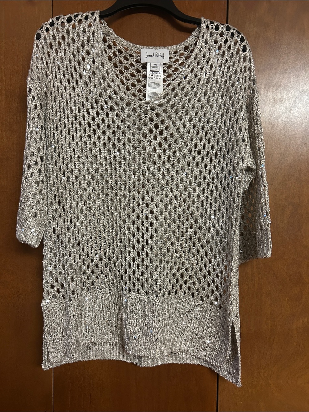 Joseph Ribkoff Metallic Open-Weave Scoop Neck Sweater in Silver